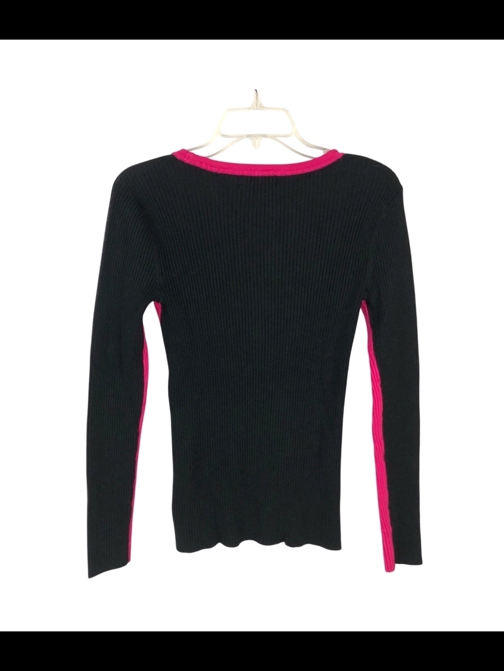 Karl Lagerfeld Hot Pink Ribbed Logo Tape Long Sleeve Sweater with Black Panels - Picture 2 of 3